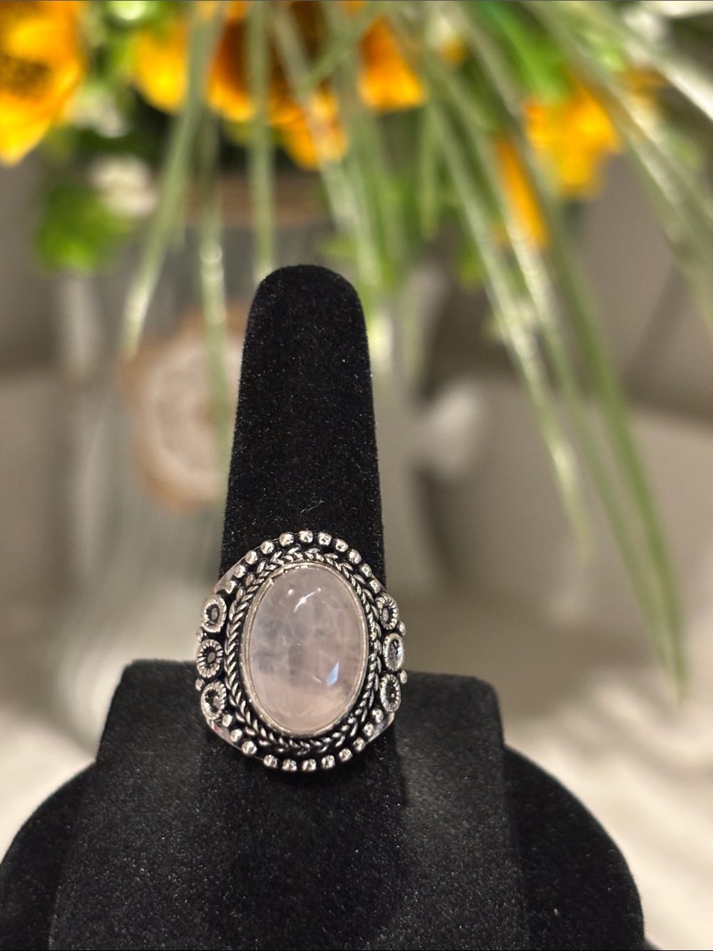 Sterling Silver Rose Quartz Oval Statement Ring Size 5.5